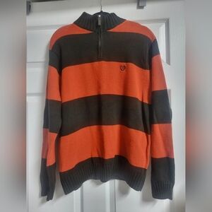 Chaps - Men's Orange and Forrest Green Zip Neck Striped Sweater- Size XL